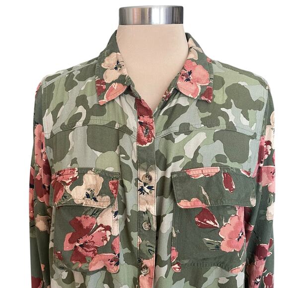 Cato Camouflage Floral Boho Button Up Top Sz 14/16W Ruffled Feminine Fall Casual - Picture 3 of 9